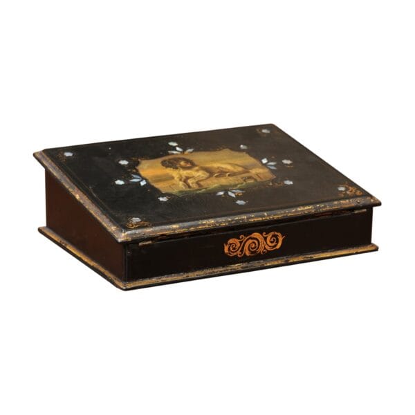 Paper Mache Black Painted Lapdesk with Dog scene and Mother of Pear Detail - Image 2