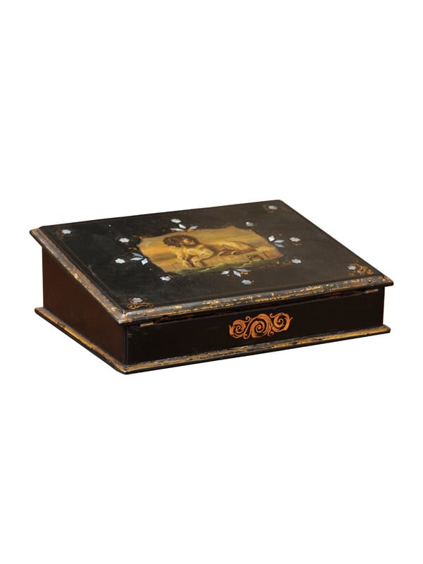 Paper Mache Black Painted Lapdesk with Dog scene and Mother of Pear Detail