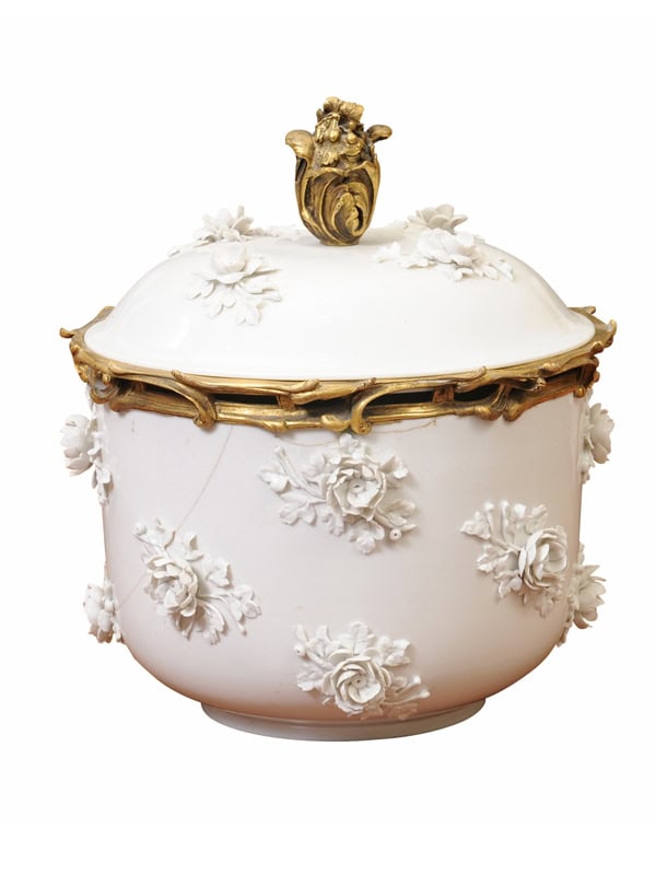 18th Century French St. Cloud Covered Soup Tureen with Applied Leaves & Flower Clusters (Repaired)