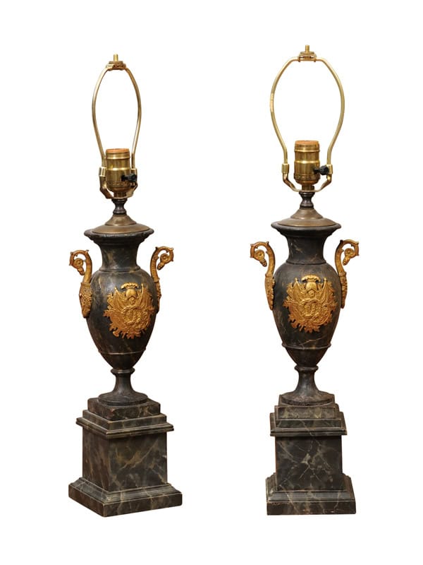 Pair of Late 19th Century French Empire Style Urn Lamps, Gilt Bronze Mounts and Green Faux Marble Finish