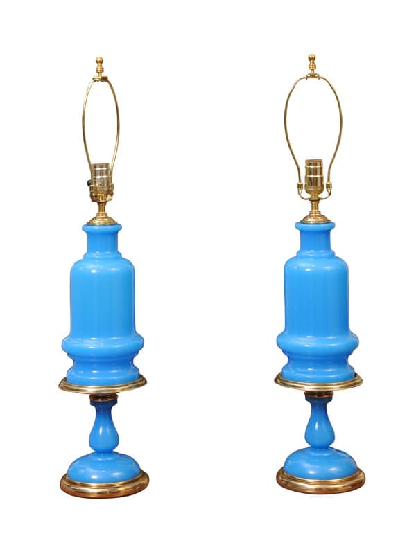 Pair of Large French Opaline Blue Lamps, 20th Century
