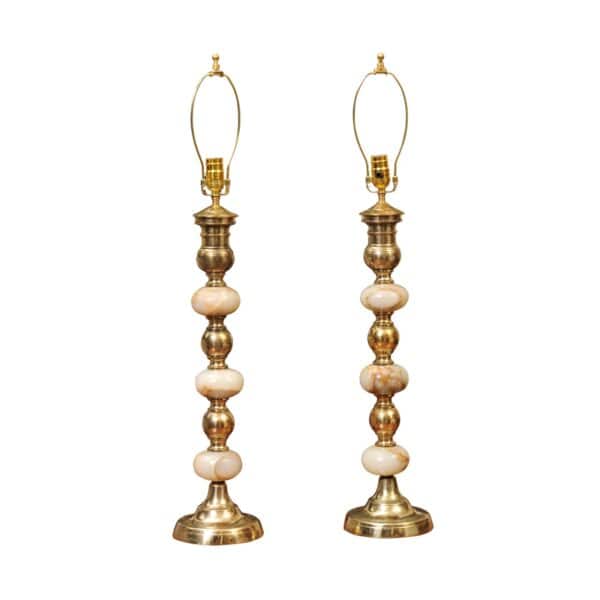 Pair of Tall Onyx and Brass Bobbin Lamps - Image 2