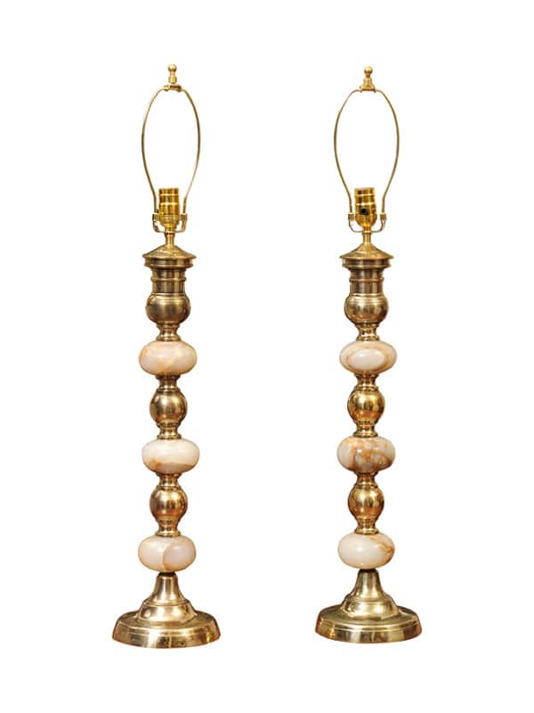 Pair of Tall Onyx and Brass Bobbin Lamps