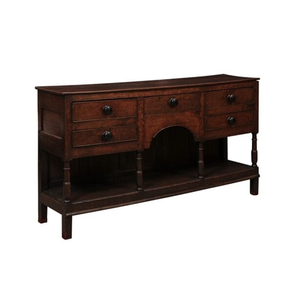 English Early 19th Century Oak Dresser Base / Server Featuring 5 Drawers with Wooden Knobs, Arched Frieze and Pot Board Below - Image 2