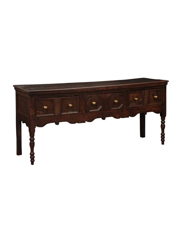English 18th Century Oak Jacobean Style Dresser Base with Server with 3 Drawers, Shaped Apron and Turned Legs