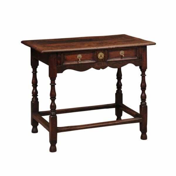 18th Century English Oak Side Table with Drawer, Tear Drop Pulls, Turned Legs and Box Stretcher - Image 2