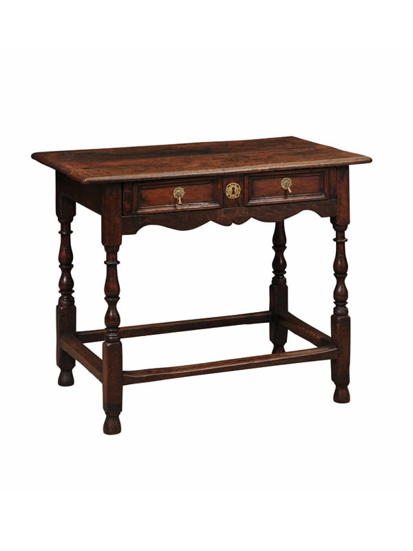 18th Century English Oak Side Table with Drawer, Tear Drop Pulls, Turned Legs and Box Stretcher