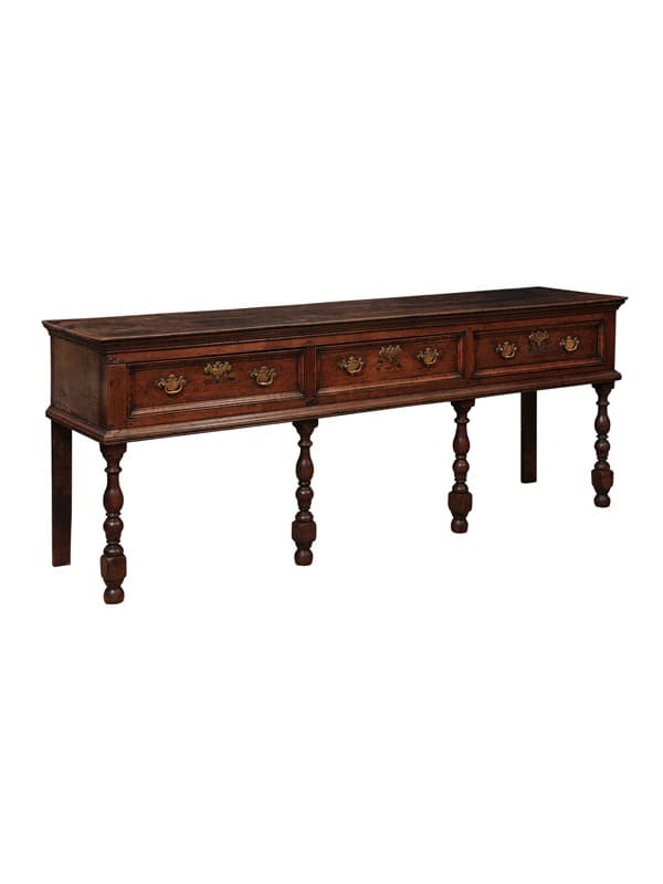 English 18th Century Oak Dresser Base with 3 Drawers and Turned Legs