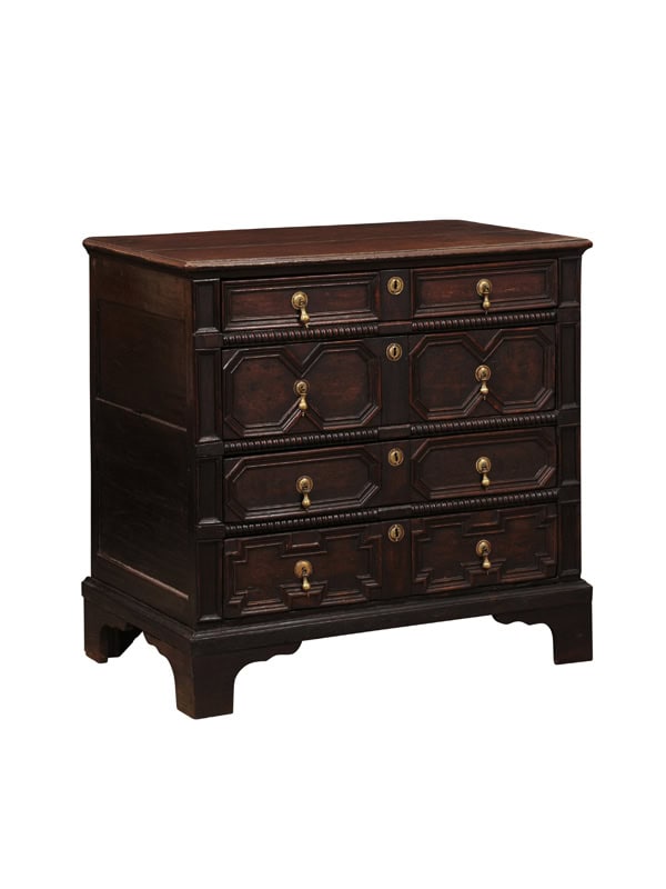 18th Century Jacobean Style Oak Chest with Bobbin Moulding, 4 Drawers and Bracket Feet