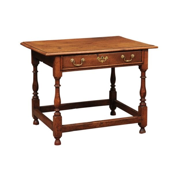 English 18th Century Side Table in Oak with Drawer, Bail Pulls, Turned Legs and Box Stretcher - Image 2