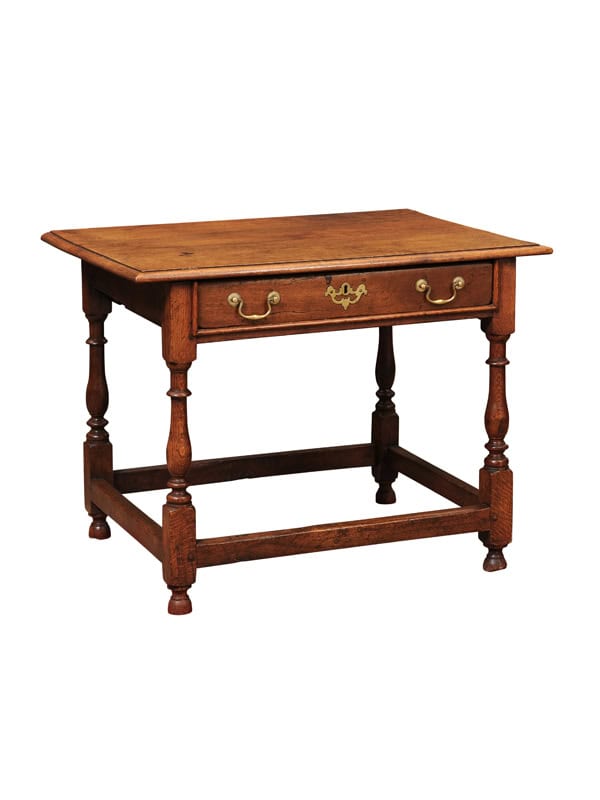 English 18th Century Side Table in Oak with Drawer, Bail Pulls, Turned Legs and Box Stretcher
