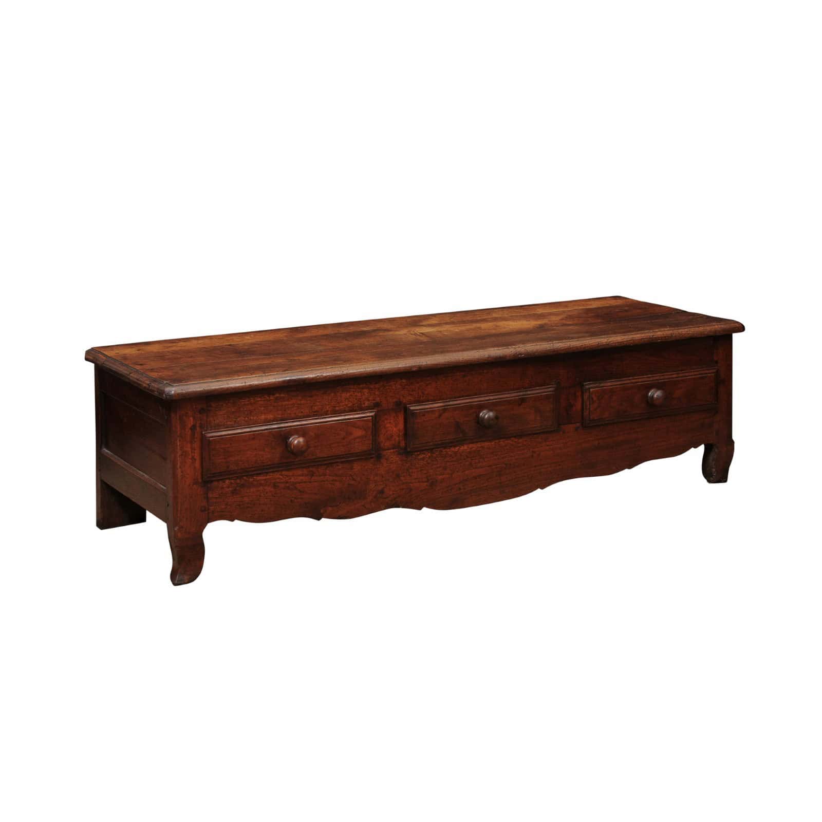 French 19th Century Walnut Bench/ Coffee Table with 3 Drawers - Image 2