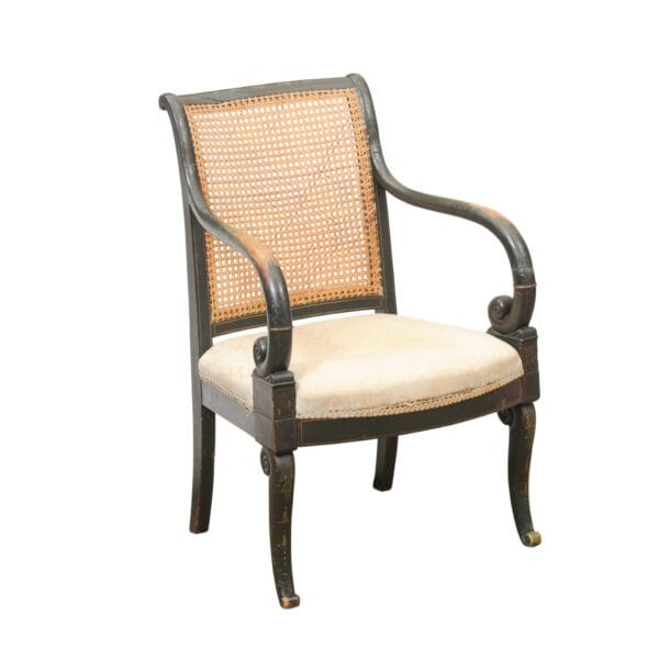French Early 19th Century Louis Philippe Painted Elm Arm Chair with Caned Back and Scroll Arms. - Image 2