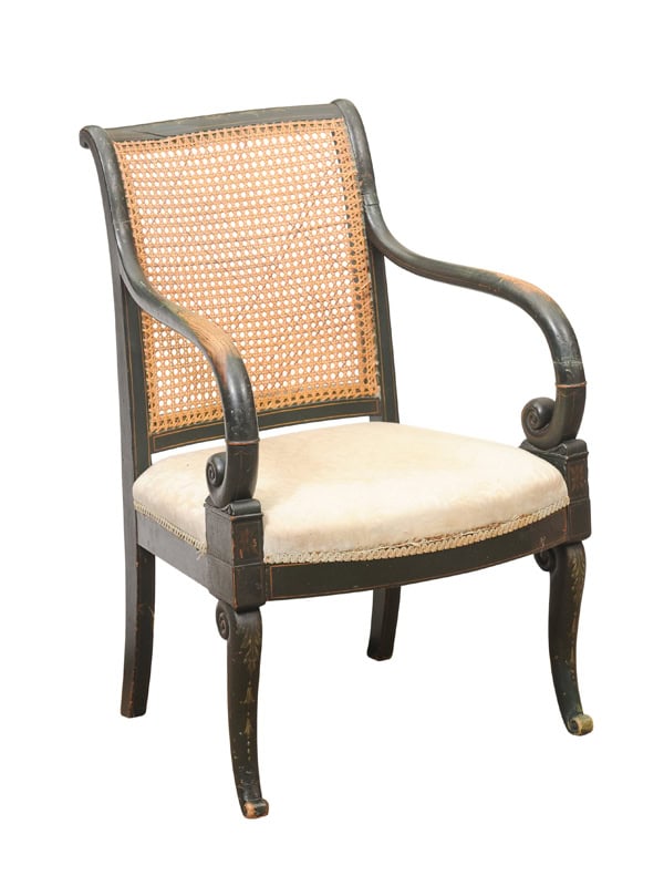 French Early 19th Century Louis Philippe Painted Elm Arm Chair with Caned Back and Scroll Arms.
