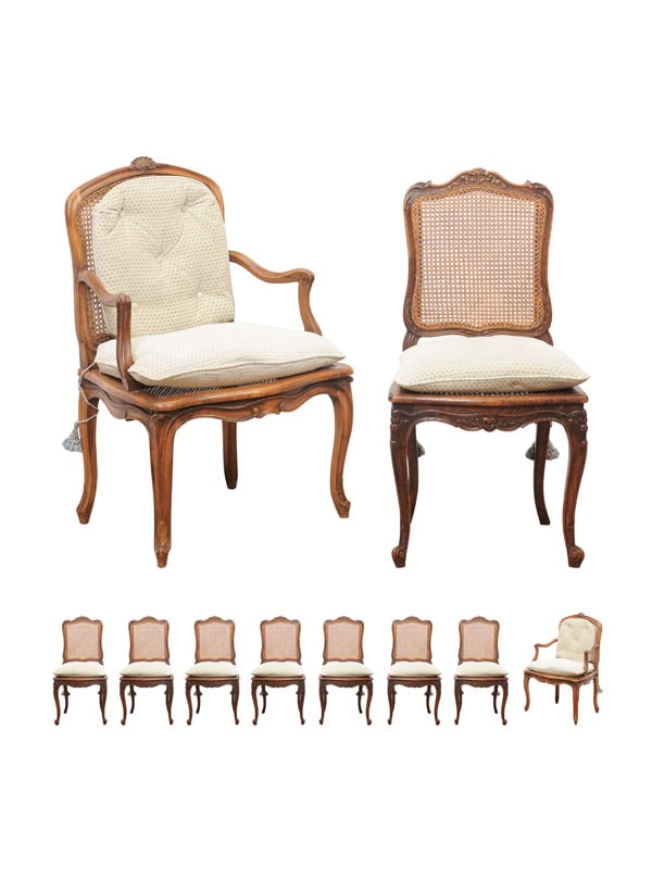 Set of 10 French Walnut Louis XV Dining Chairs with Caning, 19th Century
