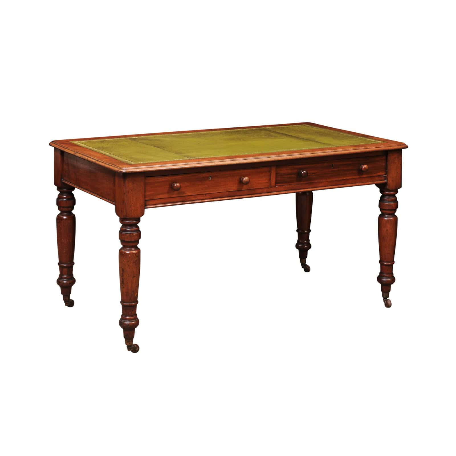 English 19th Century Mahogany Writing Table with Green Leather Top and 2 Drawers and Turned Legs Ending in Brass Caster Feet (Can be raised) - Image 2