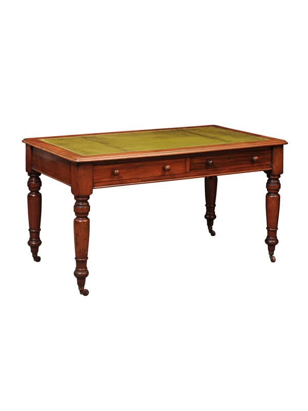 English 19th Century Mahogany Writing Table with Green Leather Top and 2 Drawers and Turned Legs Ending in Brass Caster Feet (Can be raised)
