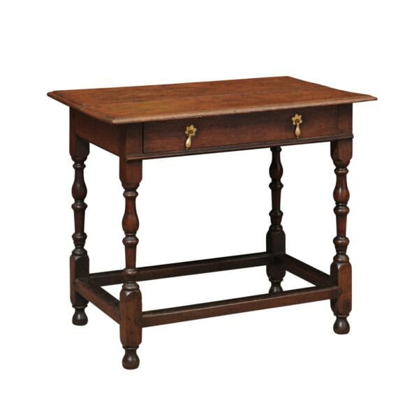 English 18th Century Oak Side Table with Drawer, Turned Legs and Box Stretcher - Image 2