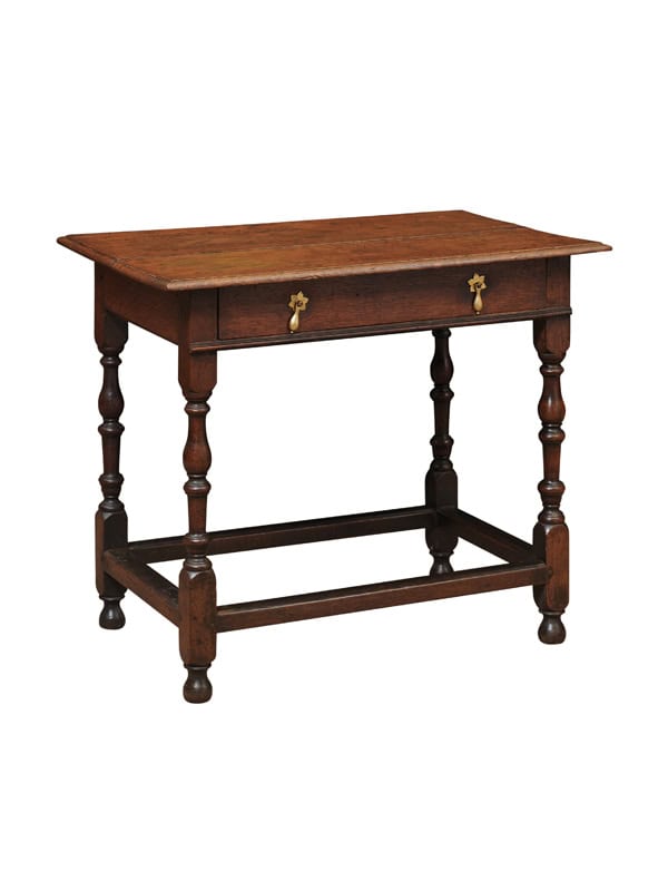 English 18th Century Oak Side Table with Drawer, Turned Legs and Box Stretcher