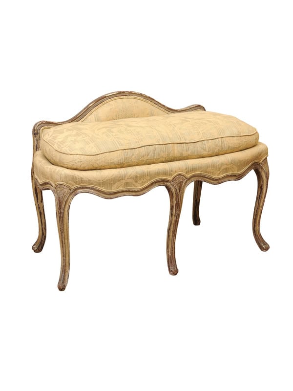 18th Century French Louis XV Green Painted Bench with Cushion & Back Support