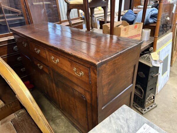 18th Century English Oak Dresser Base with 4 Drawers and 2 Flanking Cabinets