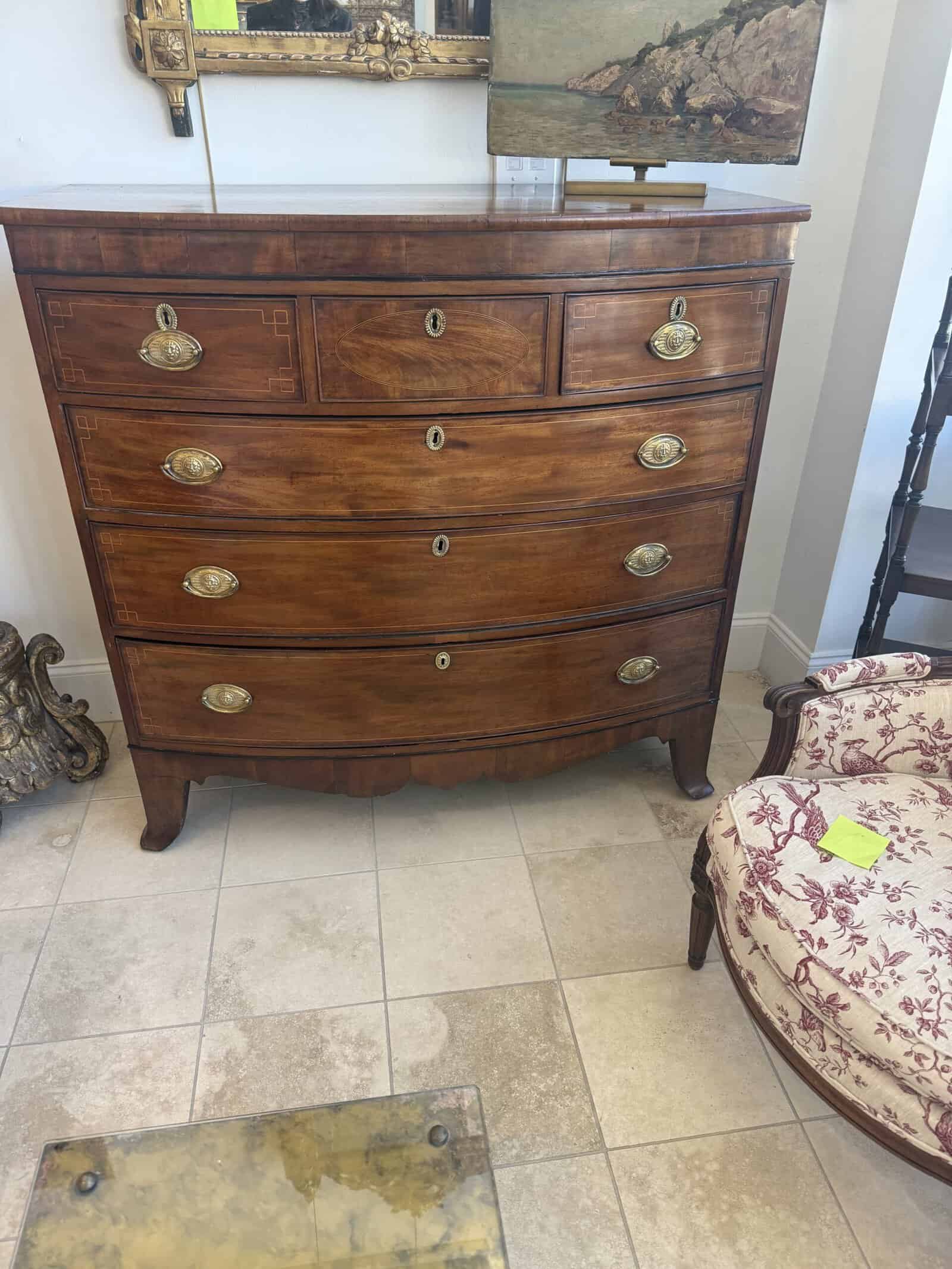 Scottish 19th Century Bowfront Chest with String Inlay, 6 Drawers and Splayed Feet