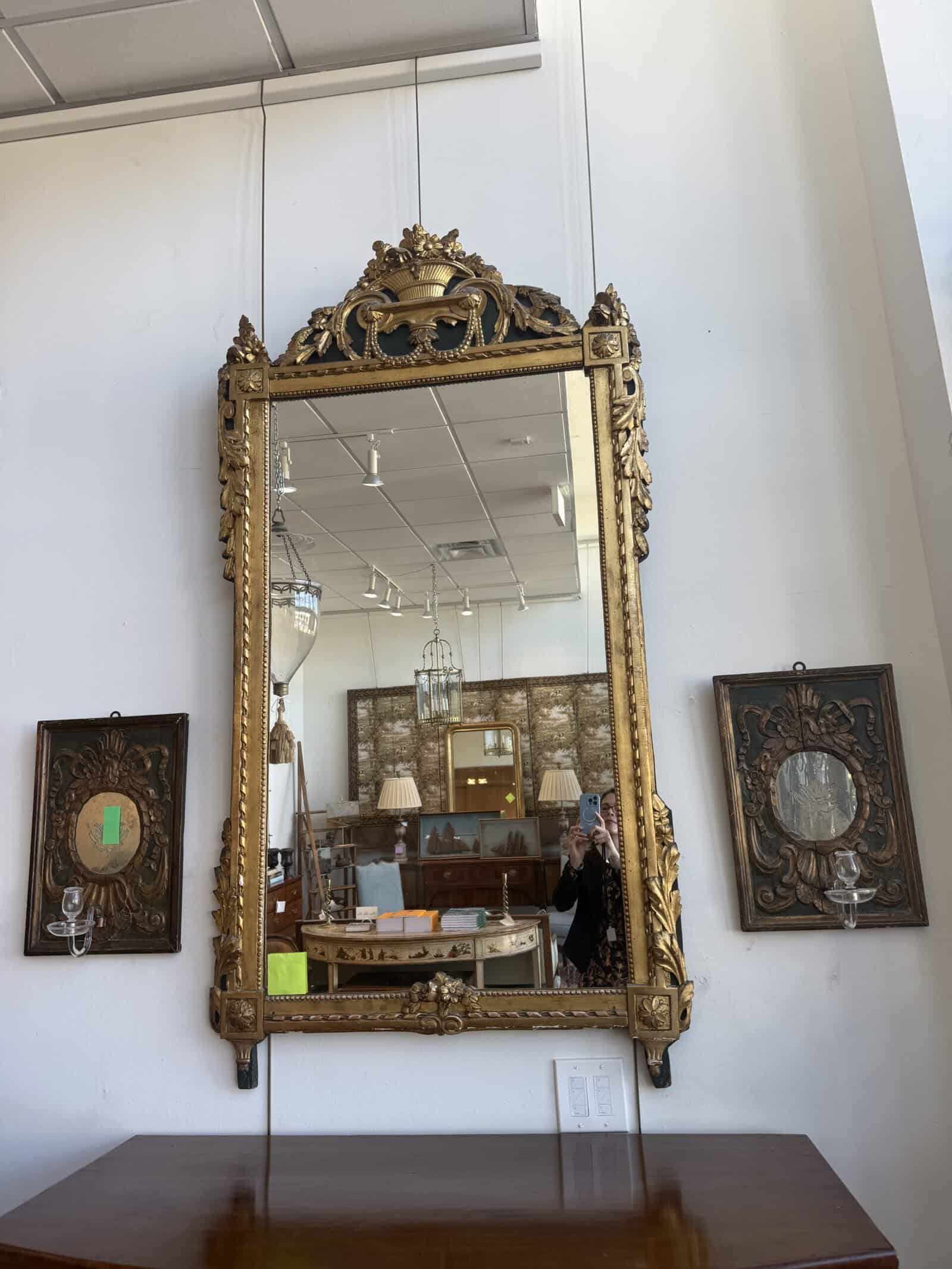 French 19th Century Louis XVI Style Giltwood Mirror with Carved Flower Basket Crest