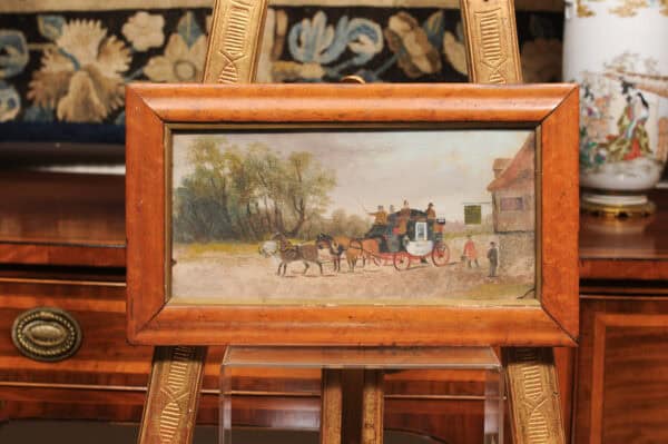 Framed English Horses Pulling a Carriage Painting on Board in Maple Frame, 19th Century - Image 3