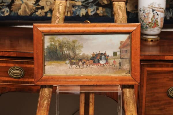 Framed English Horses Pulling a Carriage Painting on Board in Maple Frame, 19th Century - Image 4