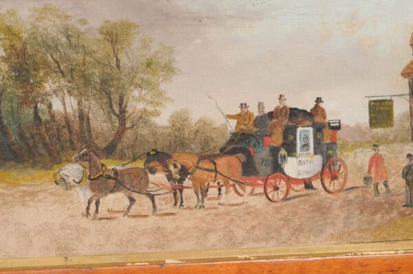 Framed English Horses Pulling a Carriage Painting on Board in Maple Frame, 19th Century - Image 5