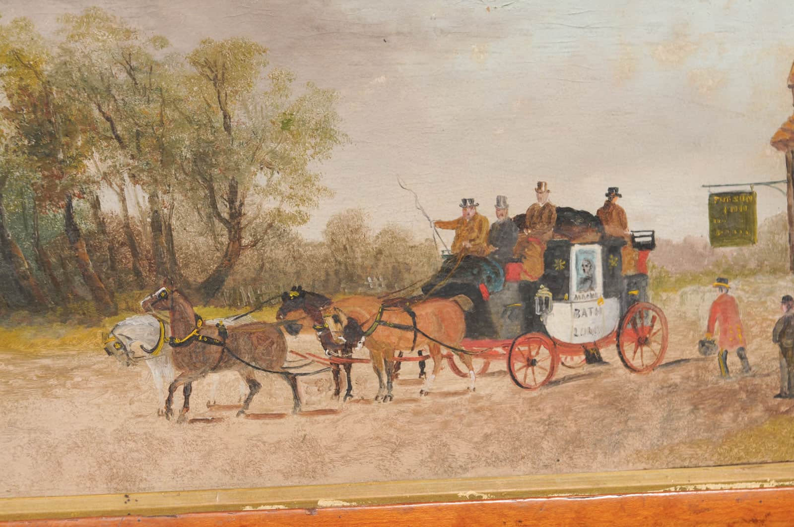 Framed English Horses Pulling a Carriage Painting on Board in Maple Frame, 19th Century - Image 5