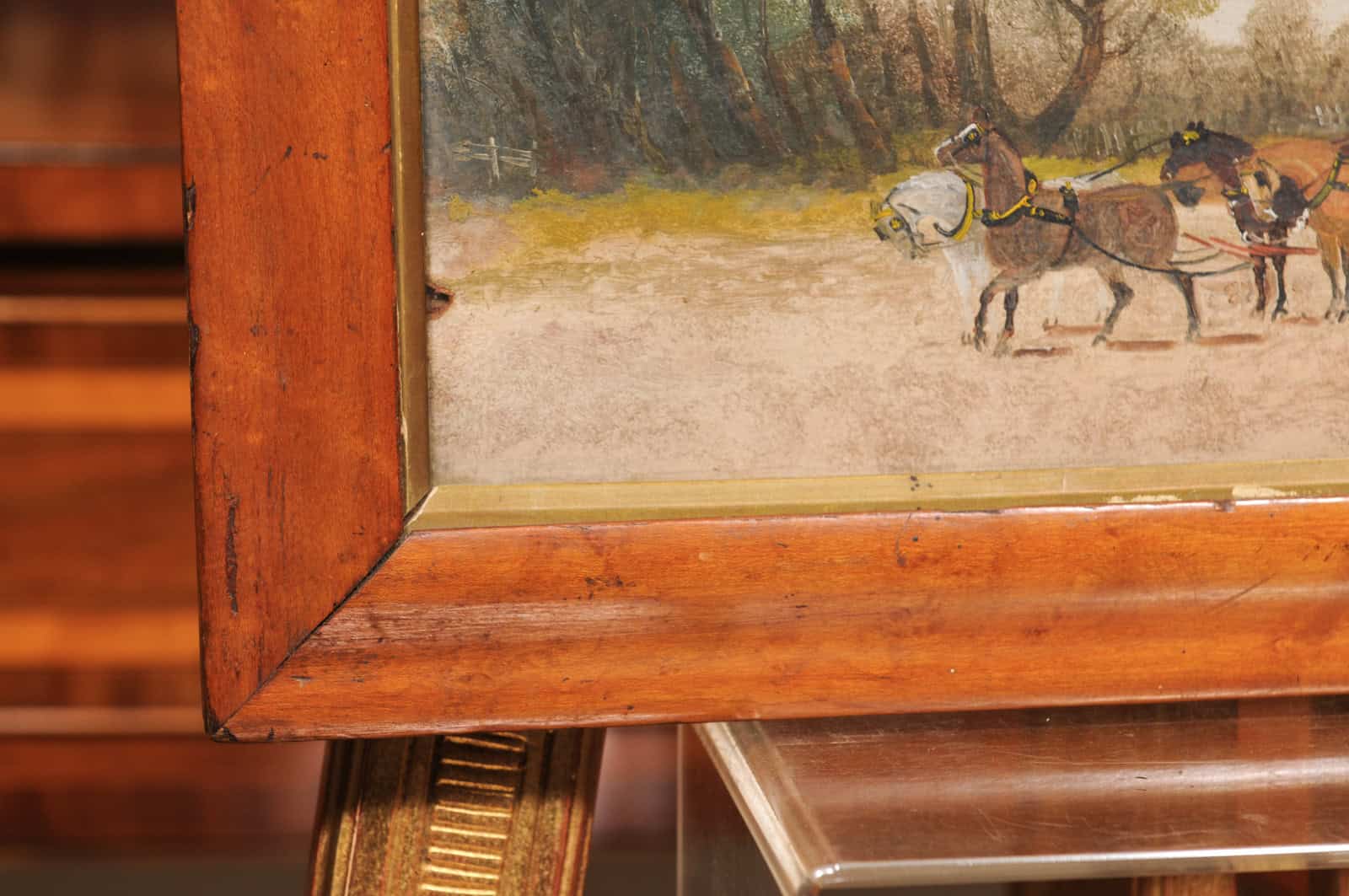 Framed English Horses Pulling a Carriage Painting on Board in Maple Frame, 19th Century - Image 6