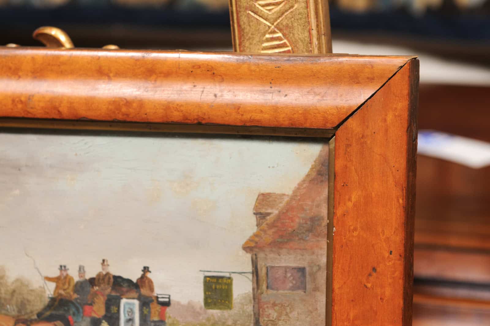 Framed English Horses Pulling a Carriage Painting on Board in Maple Frame, 19th Century - Image 8