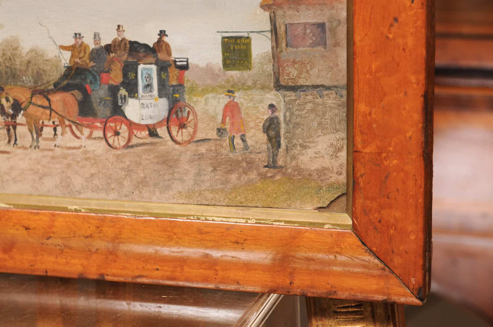 Framed English Horses Pulling a Carriage Painting on Board in Maple Frame, 19th Century - Image 9
