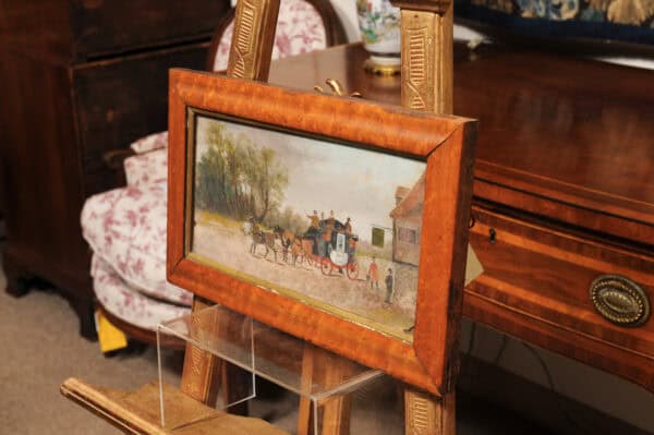 Framed English Horses Pulling a Carriage Painting on Board in Maple Frame, 19th Century - Image 10