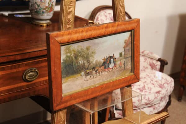 Framed English Horses Pulling a Carriage Painting on Board in Maple Frame, 19th Century - Image 11
