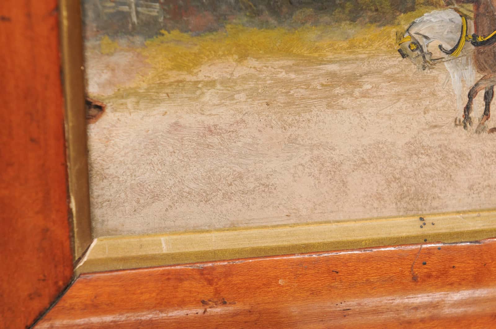Framed English Horses Pulling a Carriage Painting on Board in Maple Frame, 19th Century - Image 12