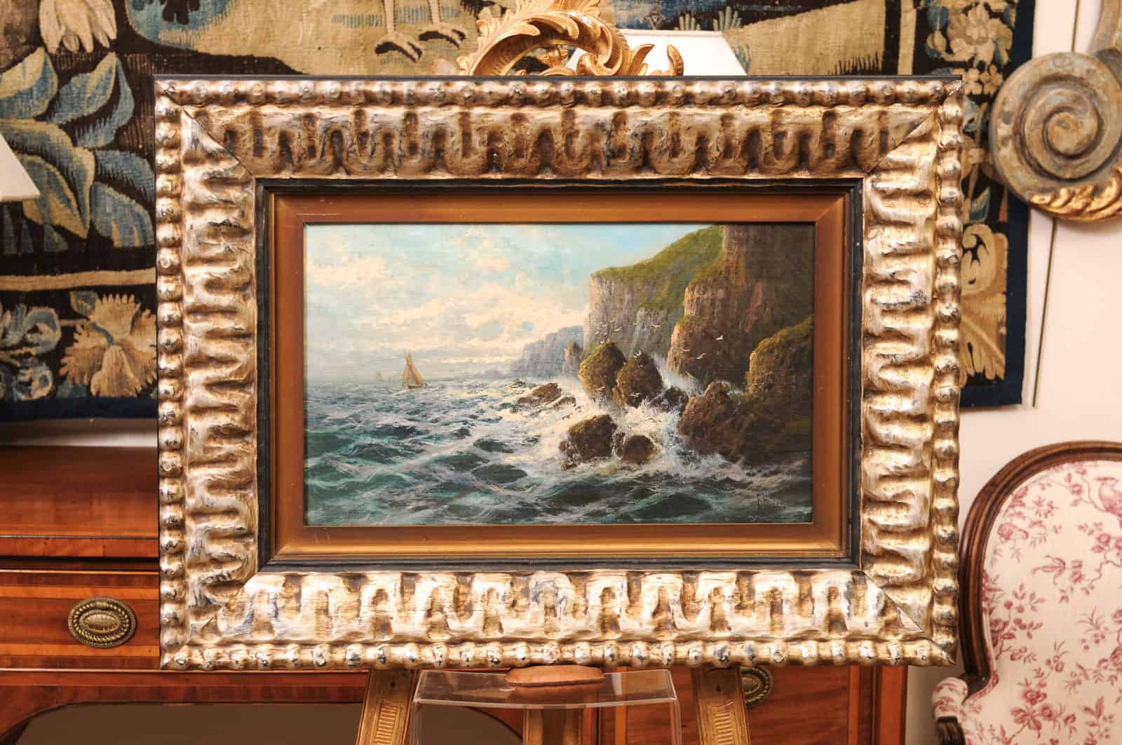 Frank Hider (1861-1933) Oil on Canvas of Rocky Shoreline, England in Silvered Frame - Image 3