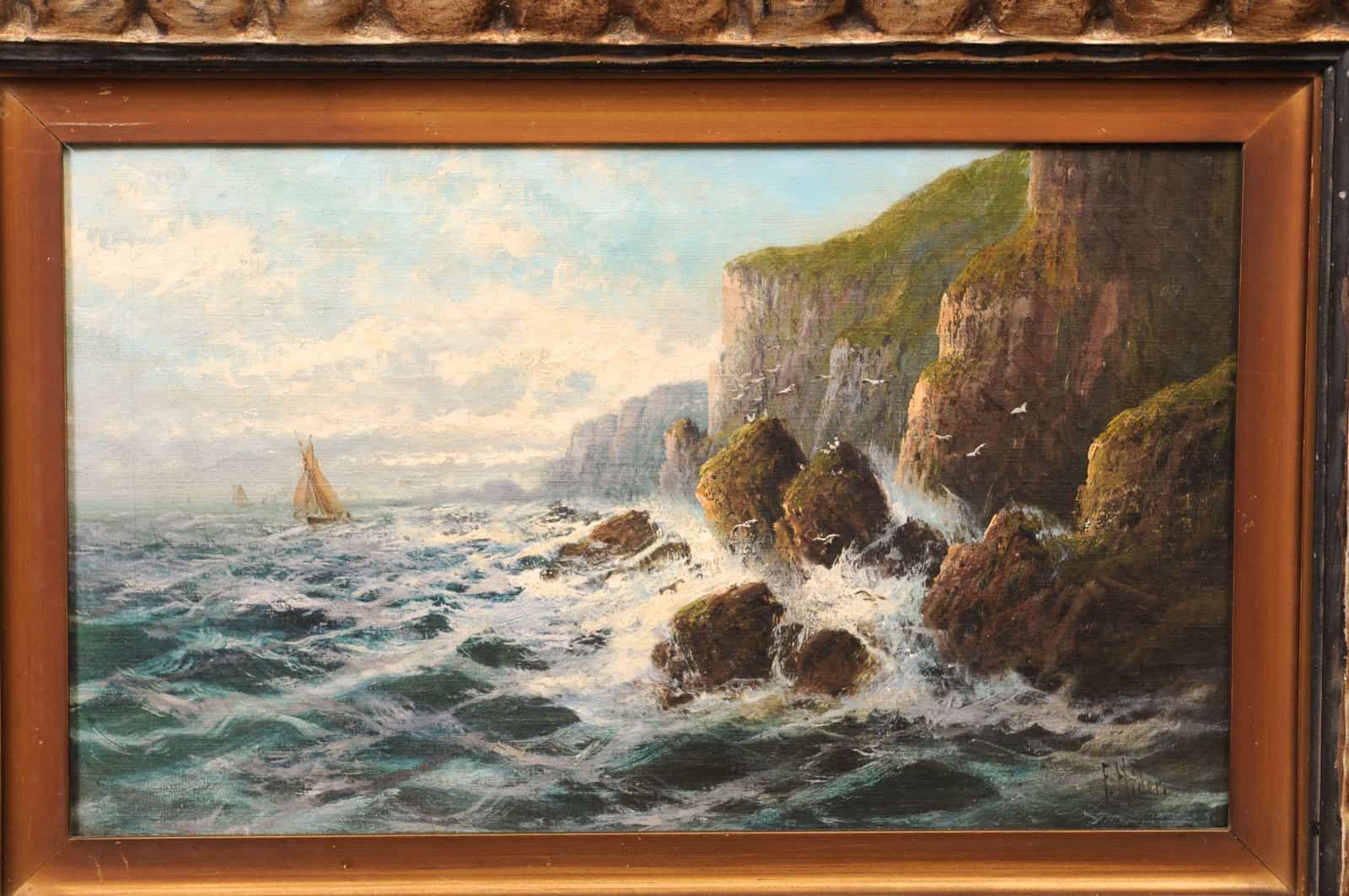 Frank Hider (1861-1933) Oil on Canvas of Rocky Shoreline, England in Silvered Frame - Image 4