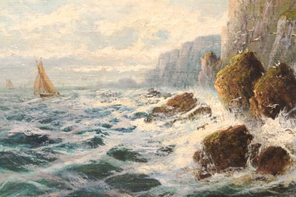 Frank Hider (1861-1933) Oil on Canvas of Rocky Shoreline, England in Silvered Frame - Image 9