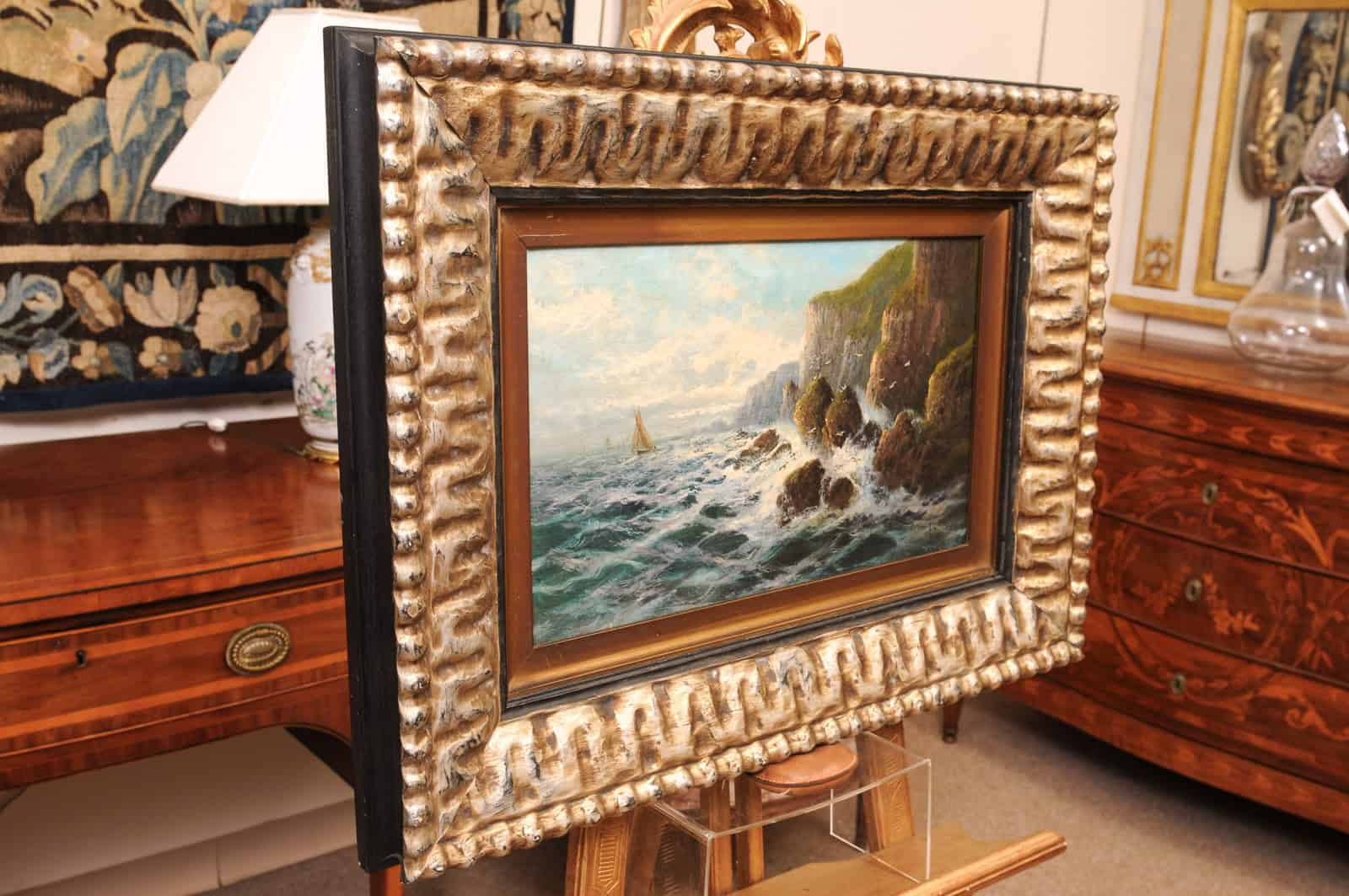 Frank Hider (1861-1933) Oil on Canvas of Rocky Shoreline, England in Silvered Frame - Image 10