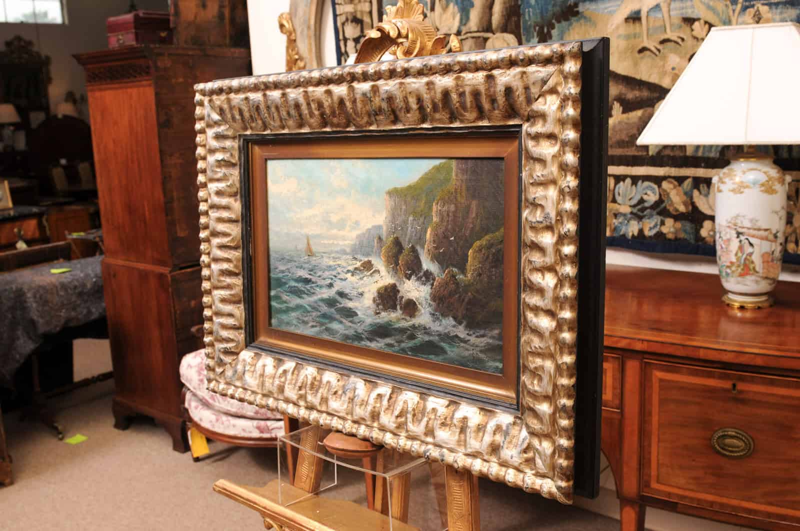 Frank Hider (1861-1933) Oil on Canvas of Rocky Shoreline, England in Silvered Frame - Image 12