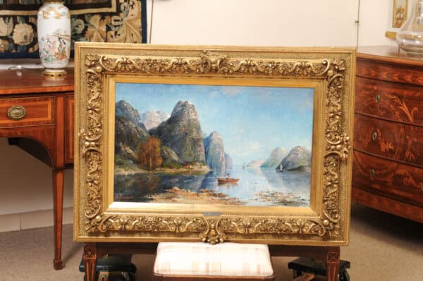 Kaufmann Karl (1843-1905) Vienna Norwegian Fjord Oil on Canvas Landscape Painting in Giltwood Carved Frame - Image 3