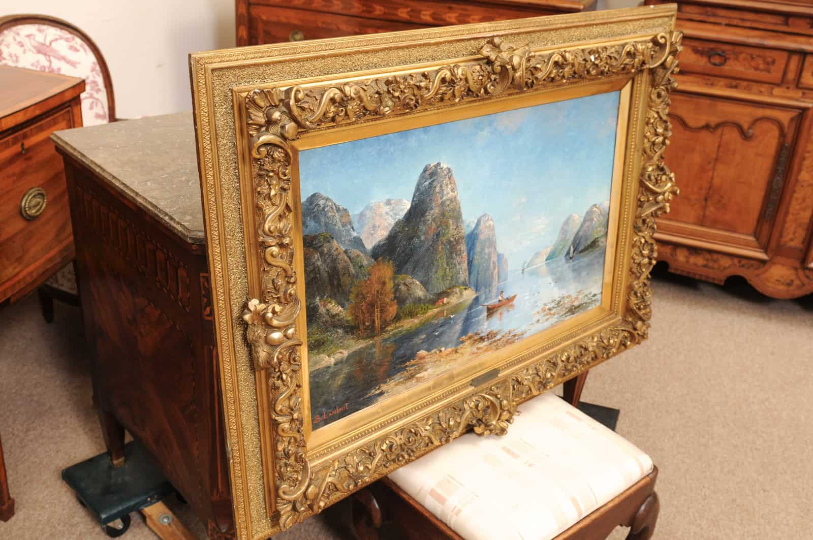 Kaufmann Karl (1843-1905) Vienna Norwegian Fjord Oil on Canvas Landscape Painting in Giltwood Carved Frame - Image 10