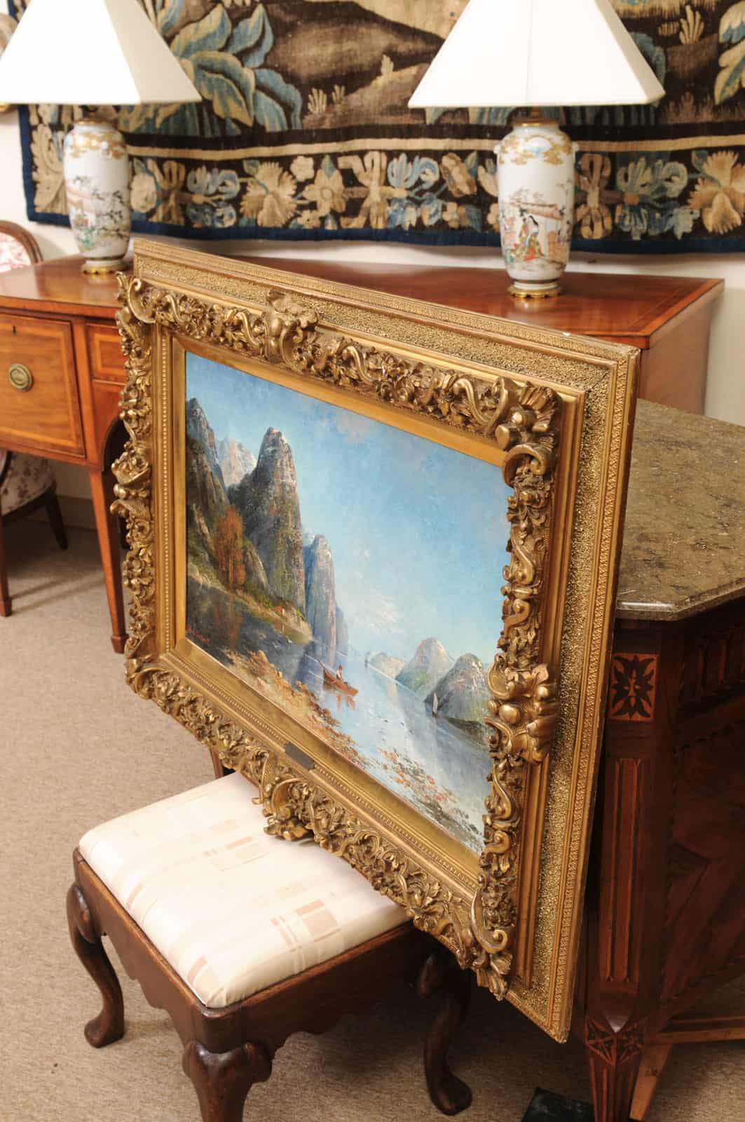 Kaufmann Karl (1843-1905) Vienna Norwegian Fjord Oil on Canvas Landscape Painting in Giltwood Carved Frame - Image 12