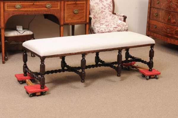 Upholstered Oak Carved Bench with Barley Twist Detail - Image 3