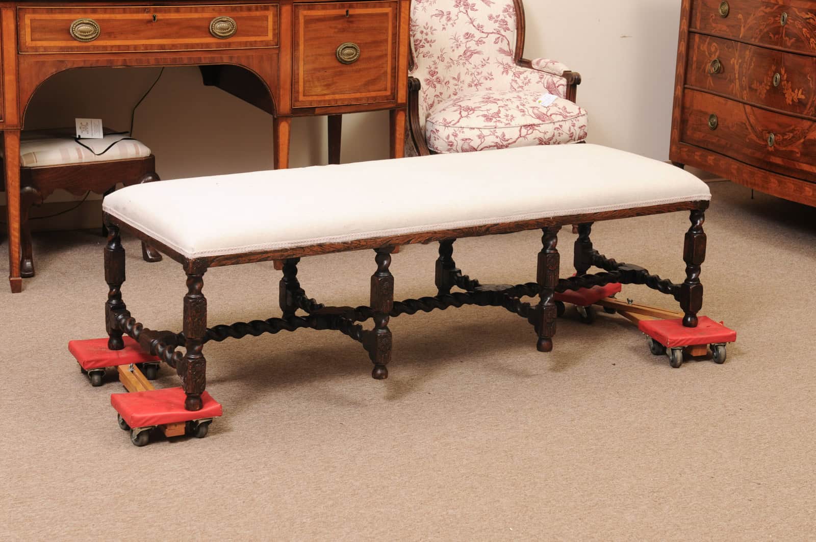 Upholstered Oak Carved Bench with Barley Twist Detail - Image 3