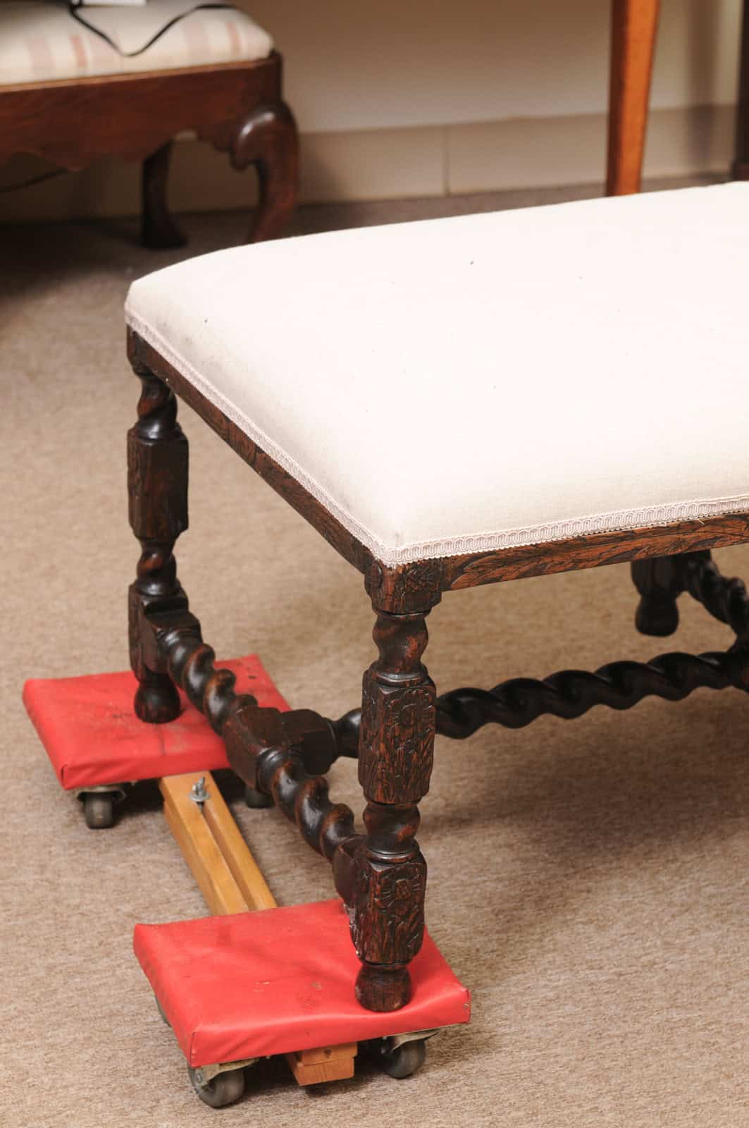 Upholstered Oak Carved Bench with Barley Twist Detail - Image 4