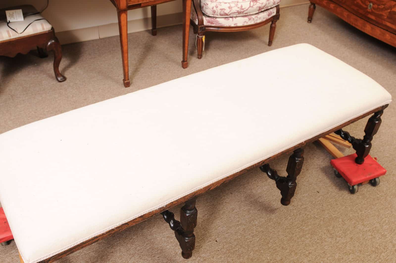 Upholstered Oak Carved Bench with Barley Twist Detail - Image 5