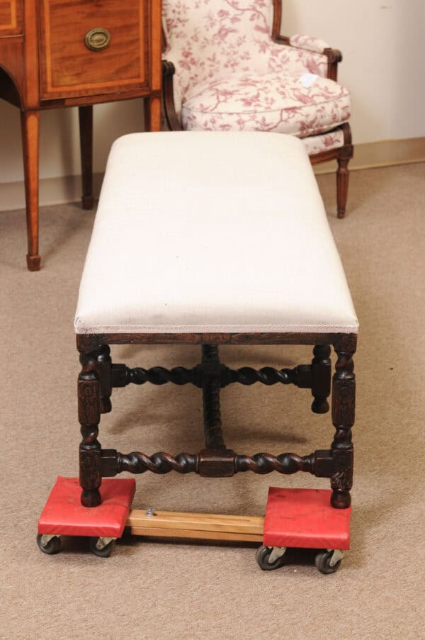 Upholstered Oak Carved Bench with Barley Twist Detail - Image 6